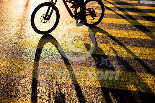 Biker/Cyclist on a crossing in a city casting a long shadow
