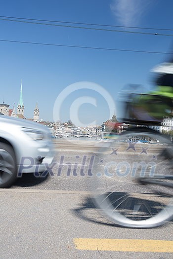 Zurich cityscape with motion blurred city traffic Zurich cityscape with motion blurred city traffic