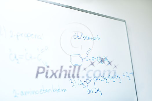 abstract science and chemical molecule structure on white board in school classroom background abstract science and chemical molecule structure on white board in school classroom background