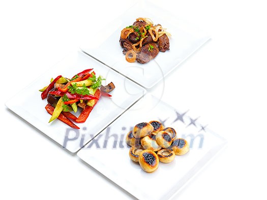 grilled fresh meat and vegetables organic healthy food isolated on white background grilled fresh meat and vegetables organic healthy food isolated on white background