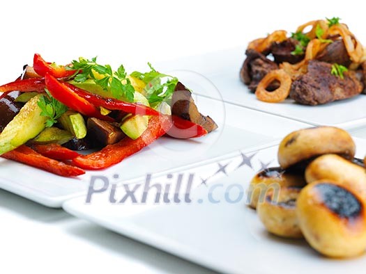 grilled fresh meat and vegetables organic healthy food isolated on white background grilled fresh meat and vegetables organic healthy food isolated on white background