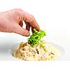 Pasta food with shrimps, herbs and mashrooms isolated on white background in studio