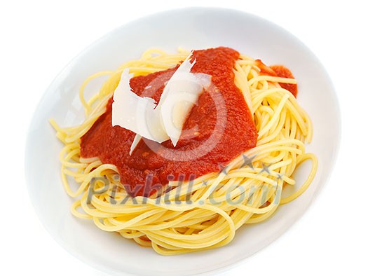 Italian spaghetti topped with bolognaise, or bolognese, sauce with tomatoes, meat and cheese on a plain white plate Italian spaghetti topped with bolognaise, or bolognese, sauce with tomatoes, meat and cheese on a plain white plate