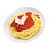 Italian spaghetti topped with bolognaise, or bolognese, sauce with tomatoes, meat and cheese on a plain white plate