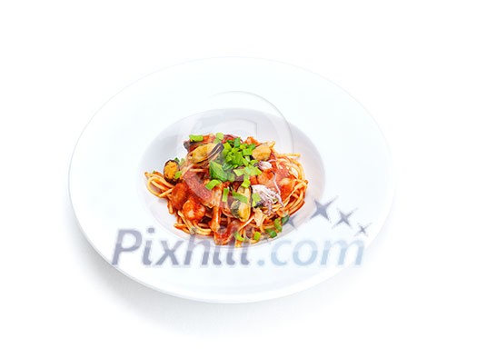 Pasta food with shrimps, herbs and mashrooms isolated on white background in studio