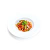 Pasta food with shrimps, herbs and mashrooms isolated on white background in studio