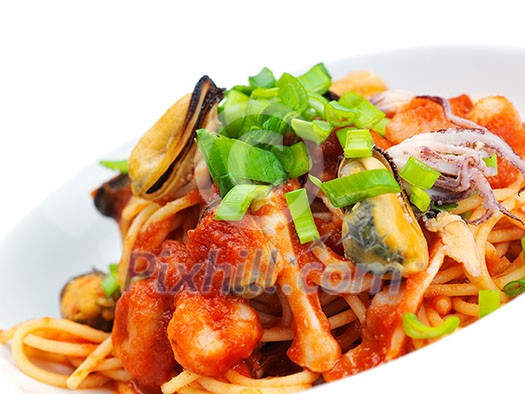 Pasta food with shrimps, herbs and mashrooms isolated on white background in studio