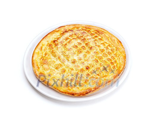 Homemade traditional Turkish meal pide stuffed with meat cheese, and sauce isolated on white background Homemade traditional Turkish meal pide stuffed with meat cheese, and sauce isolated on white background