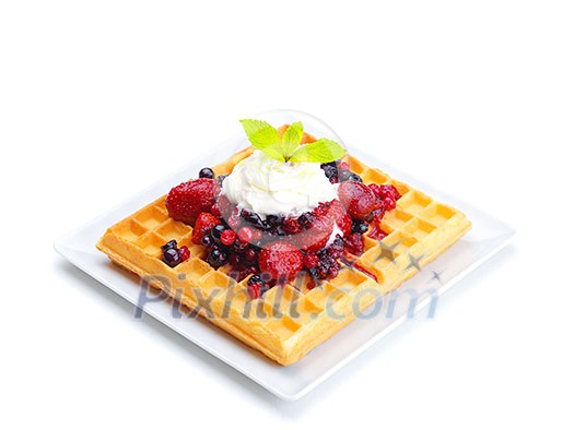 a selection of three italian gelato ice-cream scoops topped with nuts, chocolate, fruit served on crispy waffels a selection of three italian gelato ice-cream scoops topped with nuts, chocolate, fruit served on crispy waffels