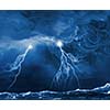 Image of dark night with lightning above stormy sea