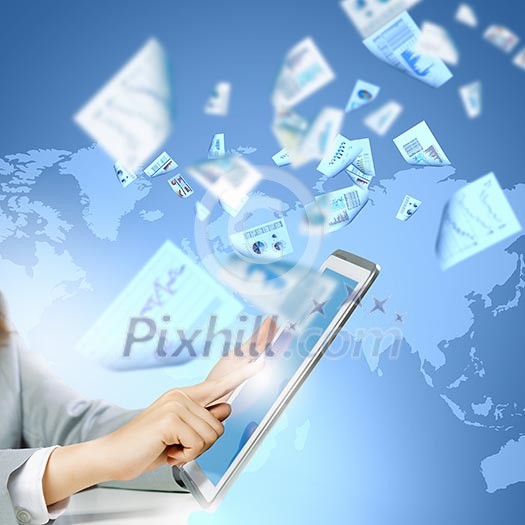 Close up image of human hand touching screen of tablet pc Close up image of human hand touching screen of tablet pc
