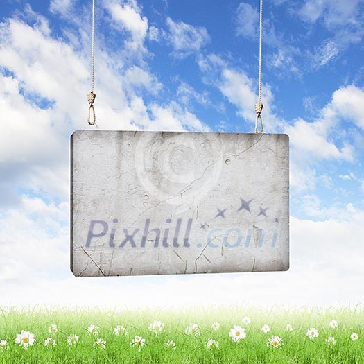 Image of cement blank banner hanging on ropes Image of cement blank banner hanging on ropes