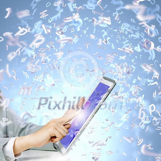 Close up image of human hand touching screen of tablet pc Close up image of human hand touching screen of tablet pc