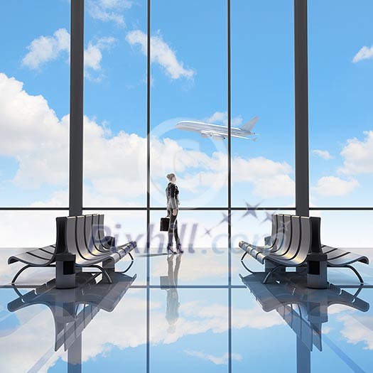 Image of woman in airport looking at taking off airplane