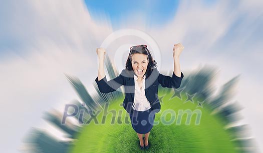 Top view of young pretty businesswoman screaming joyfully