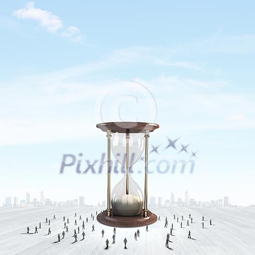Conceptual image with sandglass and silhouettes of business people around