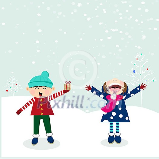 Vector of cute boy and girl elated of winter and snow fall