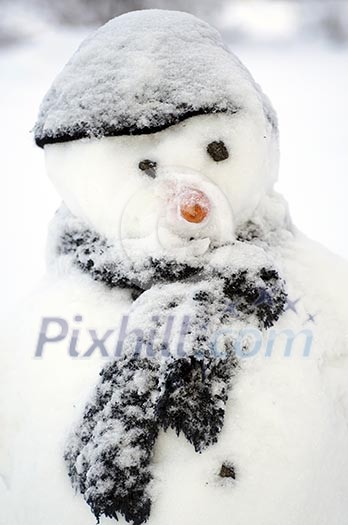 Real snowman with black hat and scarf Real snowman with black hat and scarf