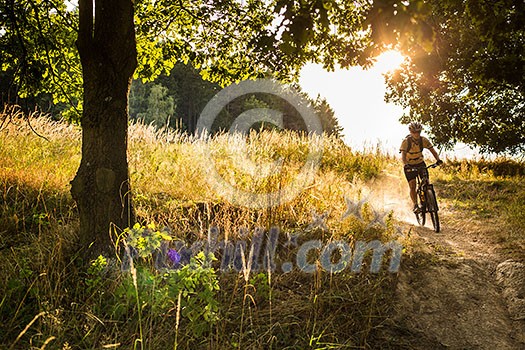 Young biker going fast downhill with dust raising in his wake