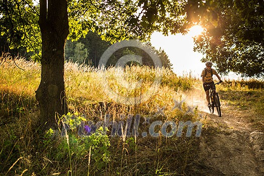 Young biker going fast downhill with dust raising in his wake Young biker going fast downhill with dust raising in his wake