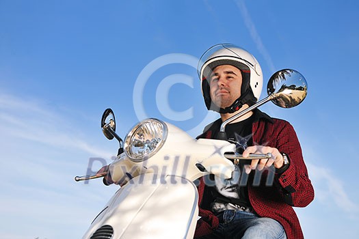 young man ride retro vintage motorbike scooter