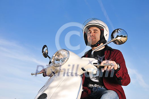 young man ride retro vintage motorbike scooter young man ride retro vintage motorbike scooter