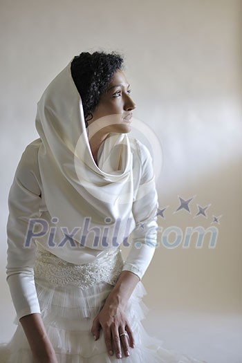 Portrait of a beautiful woman dressed as a bride isolated on white background in studio Portrait of a beautiful woman dressed as a bride isolated on white background in studio