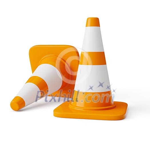 Orange highway traffic construction cones with white stripes isolated on white