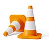 Orange highway traffic construction cones with white stripes isolated on white