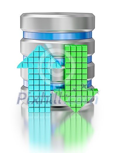 Database upload download creative concept background - hard disk drive data storage database icon symbol with arrows isolated on white background Database upload download creative concept background - hard disk drive data storage database icon symbol with arrows isolated on white background