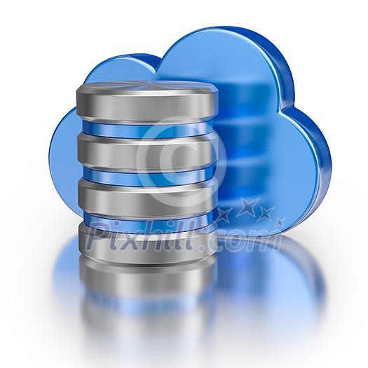 Remote database cloud computing technology storage concept - metal icon database icon and blue glossy cloud with reflection on white