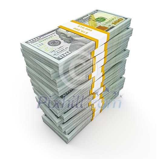 Creative business finance making money concept - stack of new new 100 US dollars 2013 edition banknotes (bills) bundles isolated on white background money stack on white Creative business finance making money concept - stack of new new 100 US dollars 2013 edition banknotes (bills) bundles isolated on white background money stack on white