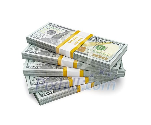 Creative business finance making money concept - stack of new 100 US dollars 2013 edition banknotes bills bundle isolated on white background Creative business finance making money concept - stack of new 100 US dollars 2013 edition banknotes bills bundle isolated on white background