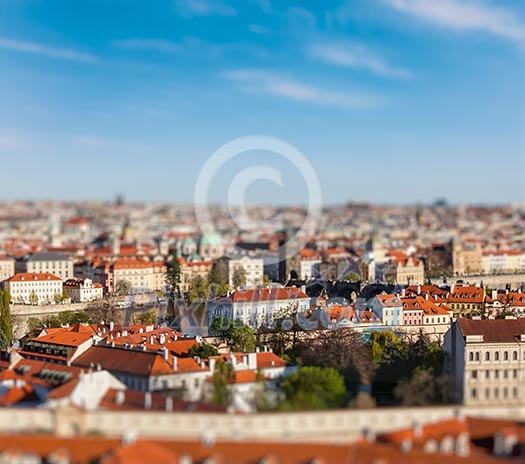 Aerial view of Prague from Prague Castle with tilt shift toy effect shallow depth of field. Prague, Czech Republic