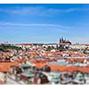 View of Stare Mesto Old City and St. Vitus Cathedral from Town Hall with tilt shift toy effect shallow depth of field. Prague, Czech Republic