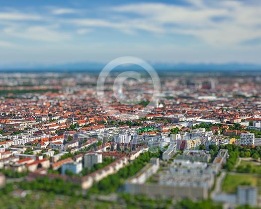 Aerial view of Munich from Olympiaturm Olympic Tower. Munich, Bavaria, Germany with tilt shift toy effect shallow depth of field Aerial view of Munich from Olympiaturm Olympic Tower. Munich, Bavaria, Germany with tilt shift toy effect shallow depth of field