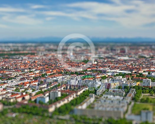 Aerial view of Munich from Olympiaturm Olympic Tower. Munich, Bavaria, Germany with tilt shift toy effect shallow depth of field