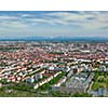 Aerial view of Munich from Olympiaturm Olympic Tower. Munich, Bavaria, Germany with tilt shift toy effect shallow depth of field