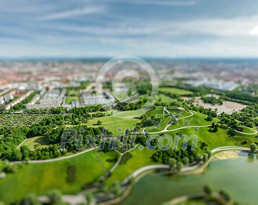 Aerial view of Olympiapark and Munich from Olympiaturm Olympic Tower with tilt shift toy effect shallow depth of field. Munich, Bavaria, Germany Aerial view of Olympiapark and Munich from Olympiaturm Olympic Tower with tilt shift toy effect shallow depth of field. Munich, Bavaria, Germany