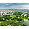 Aerial view of Olympiapark and Munich from Olympiaturm Olympic Tower with tilt shift toy effect shallow depth of field. Munich, Bavaria, Germany