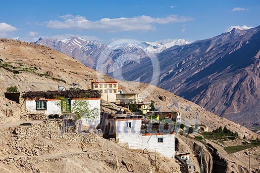 Himalayan village in mountains. Dhankar village, Spiti valley, Himachal Pradesh, India Himalayan village in mountains. Dhankar village, Spiti valley, Himachal Pradesh, India