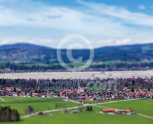 German countryside and village with tilt shift toy effect shallow depth of field. Bavaria, Germany