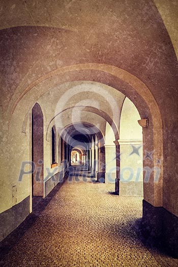 Vintage retro hipster style travel image of arcade in Prague, Czech Republic with grunge texture overlaid
