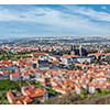 Aerial view of Hradchany part of Prague - the Saint Vitus St. Vitt's Cathedral and Prague Castle, view from Petrin Observation Tower with tilt shift toy effect shallow depth of field. Prague, Czech Republic