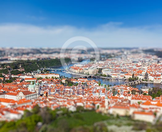 Aerial view of Charles Bridge over Vltava river and Old city from Petrin hill Observation Tower with tilt shift toy effect shallow depth of field. Prague, Czech Republic