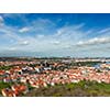 Aerial view of Hradchany part of Prague - the Saint Vitus St. Vitt's Cathedral and Prague Castle, view from Petrin Observation Tower with tilt shift toy effect shallow depth of field. Prague, Czech Republic