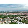 Aerial view of Munich from Olympiaturm Olympic Tower with tilt shift toy effect shallow depth of field. Munich, Bavaria, Germany