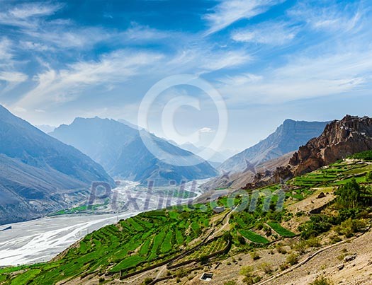 View of Spiti valley and Spiti river in Himalayas. Spiti valley, Himachal Pradesh, India View of Spiti valley and Spiti river in Himalayas. Spiti valley, Himachal Pradesh, India