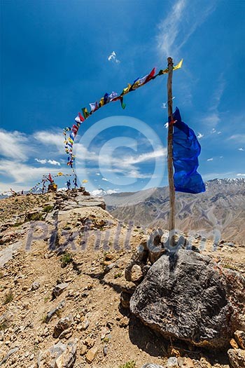 Buddhist prayer flags lungta in Spiti valley.  Dhankar, Spiti valley, Himachal Pradesh, India