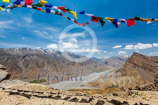 Buddhist prayer flags lungta in Spiti valley.  Dhankar, Spiti valley, Himachal Pradesh, India